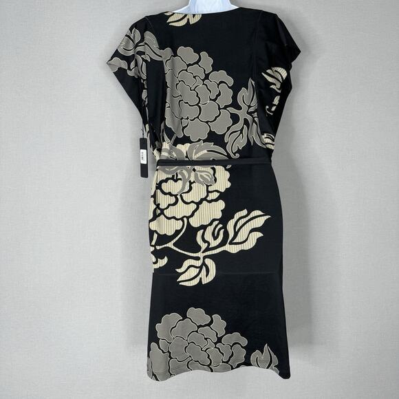 Komarov Womens Dress M Black Floral Jersey Knit Belted Cowl Neck Cocktail Career - Picture 8 of 11